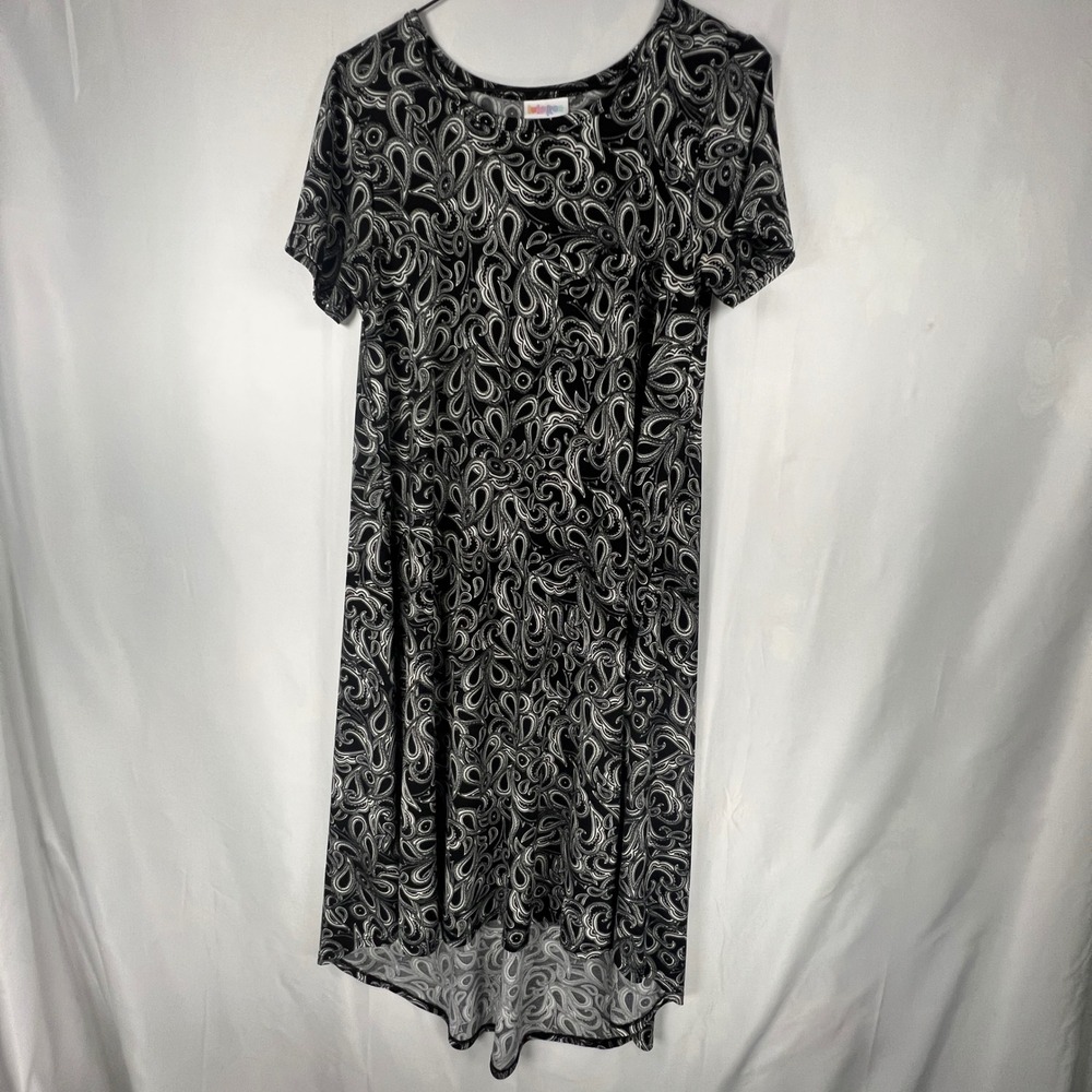 LuLaRoe Carly Womens XXS‎ Black White Paisley High Low Short Sleeve Swing Dress